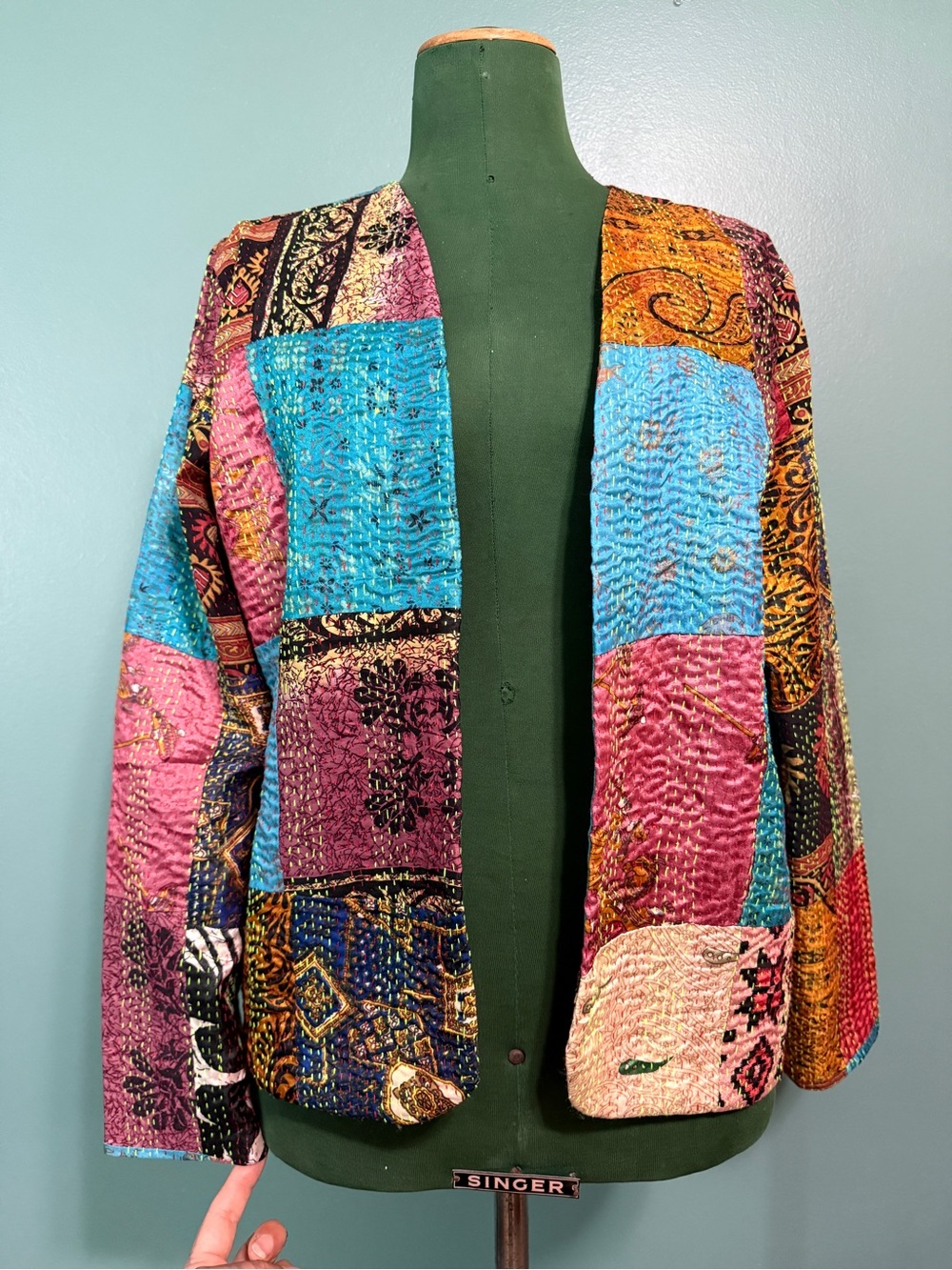 Artisan vintage silk sari upcycle kantha stitch open bohemian jacket